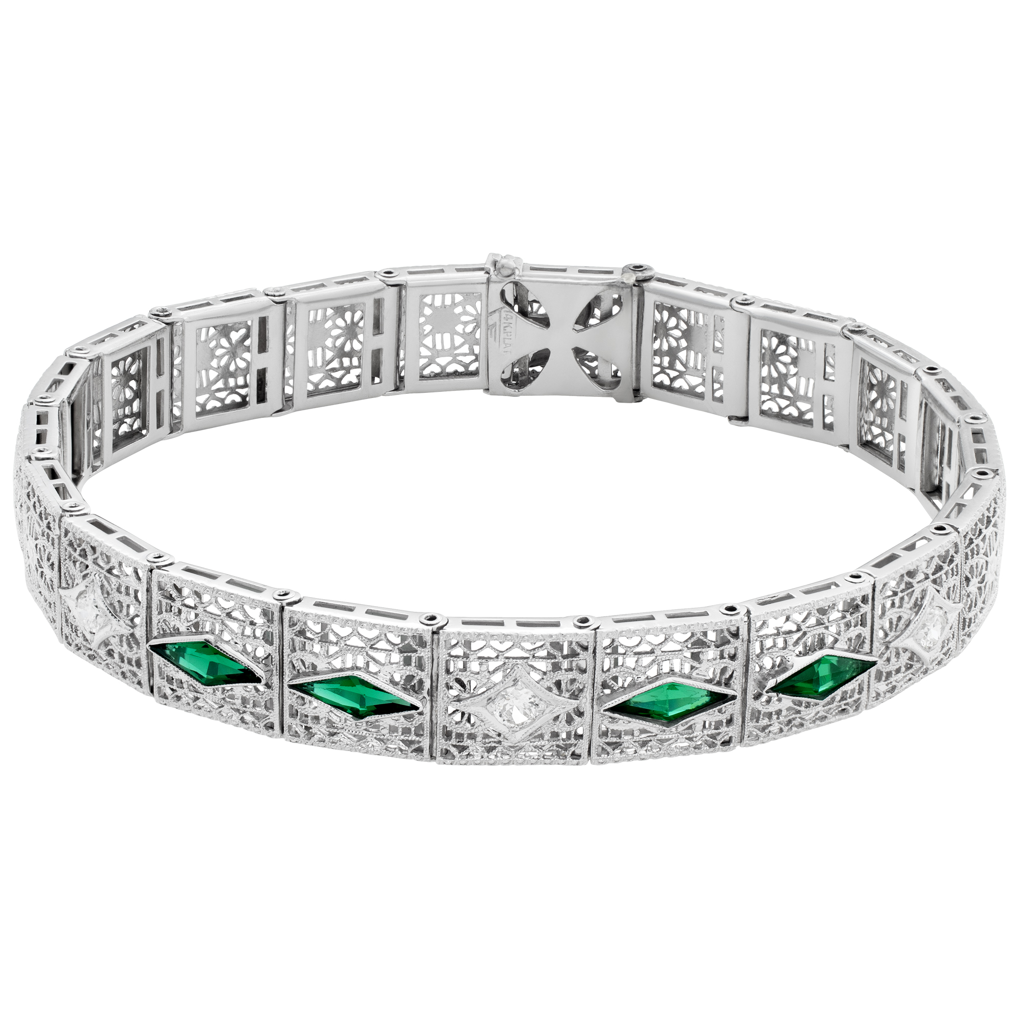 Edwardian filigree line bracelet with diamonds and synthetic emeralds set in 14k white gold, with platinum top.