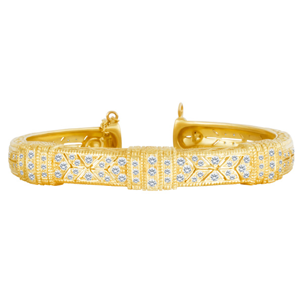 Judith Ripka Filagree bangle in 18k yellow gold with over 1 carat in diamonds.