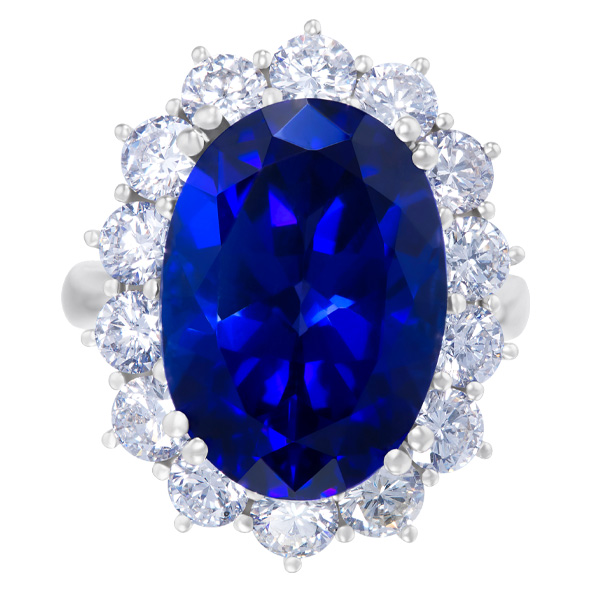 AGL certified 16.48 ct oval cut tanzanite in an 18k wg setting w app 3.50 cts in accent dia