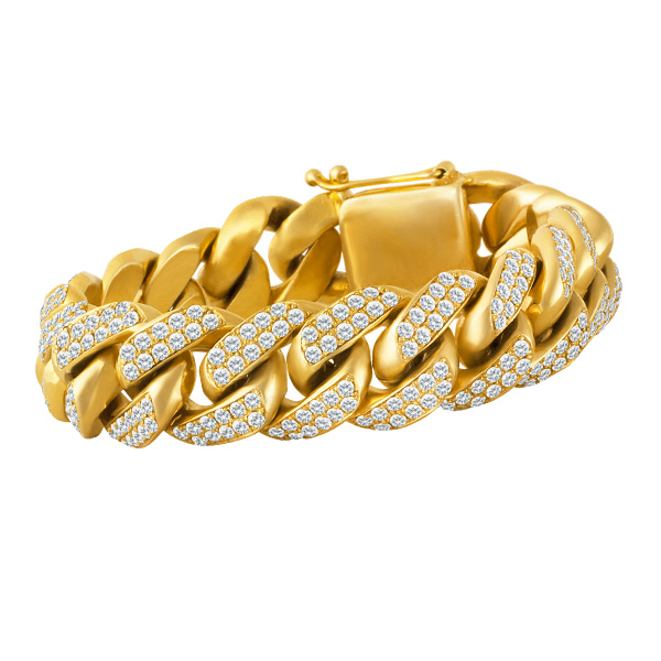 Heavy Cuban Link Bracelet in 10k yellow gold with over 10 cts in round diamonds