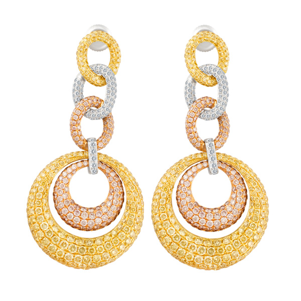 Tri-color diamond drop earrings in 18k. 13.77 carats in Diamonds