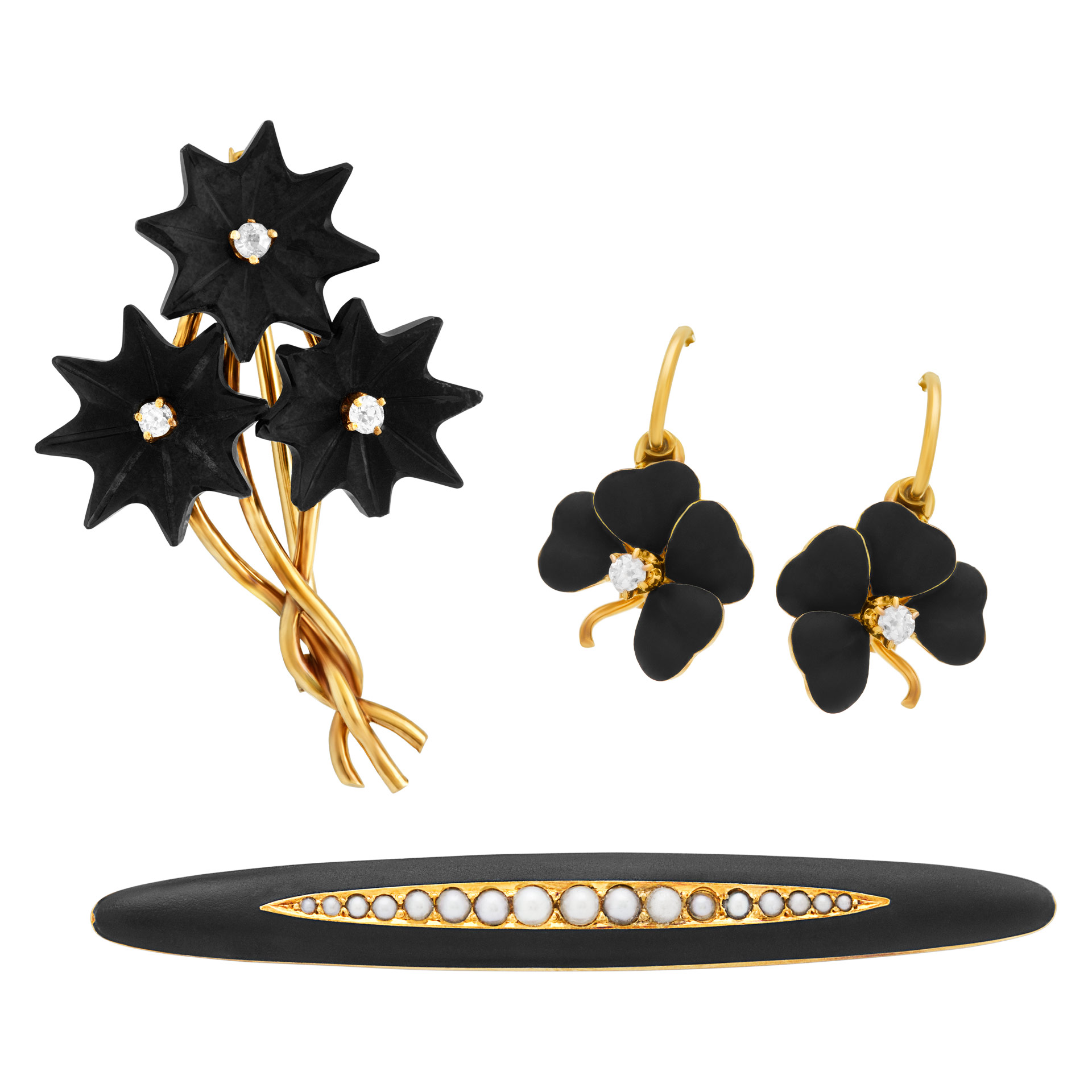 Vintage onyx, enamel and diamond earring and double pin set in 14k yellow gold.