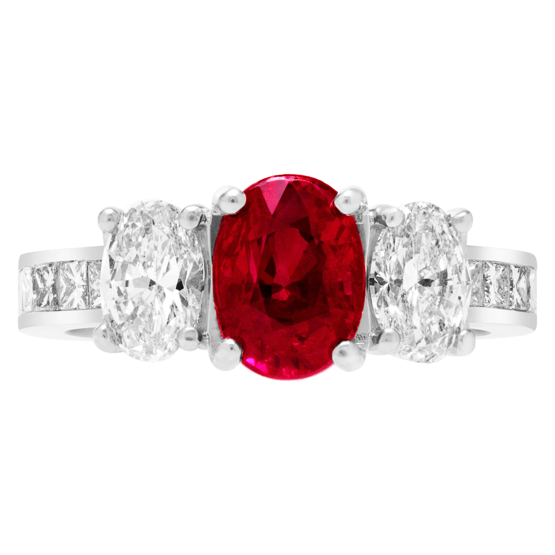 GIA certified ruby & diamond ring with 2 cts Burma ruby & two 0.50 ct oval dia & princess cut dia