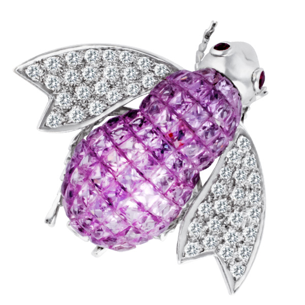 Pink Sapphire Invisible Bee Pin, .048 Cts Diamonds, 0.07 Cts Rubies & 14 Cts Pink Sapphires