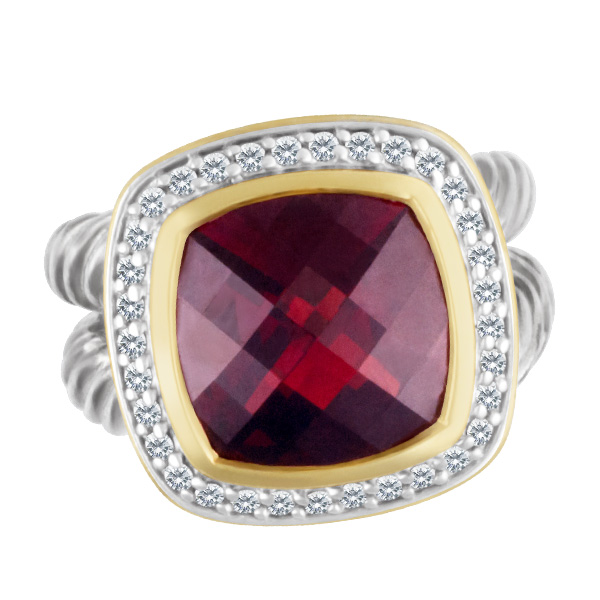 David Yurman Albion ring in sterling silver & 18k with Garnet surrounded by diamonds