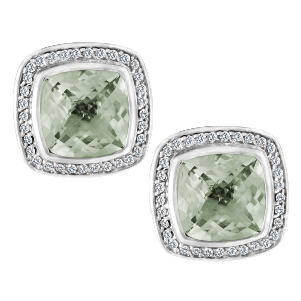 David Yurman Albion earrings in sterling silver with faceted Prasiolite surrounded by diamonds