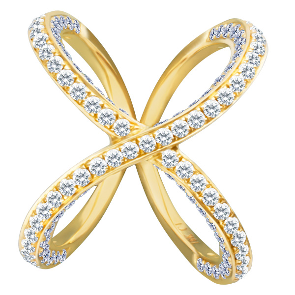 Swirl pave diamond ring in 18k yellow gold. 3.87 carats in diamonds. Size 7