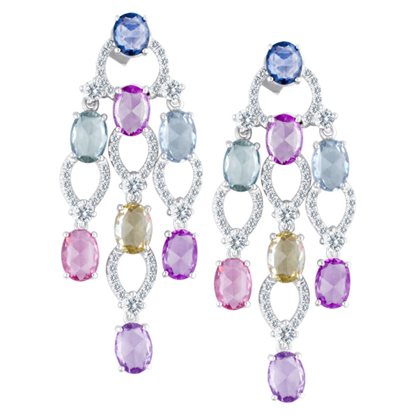 Drop earrings in 18k white gold with diamonds and colorful semi-precious stones