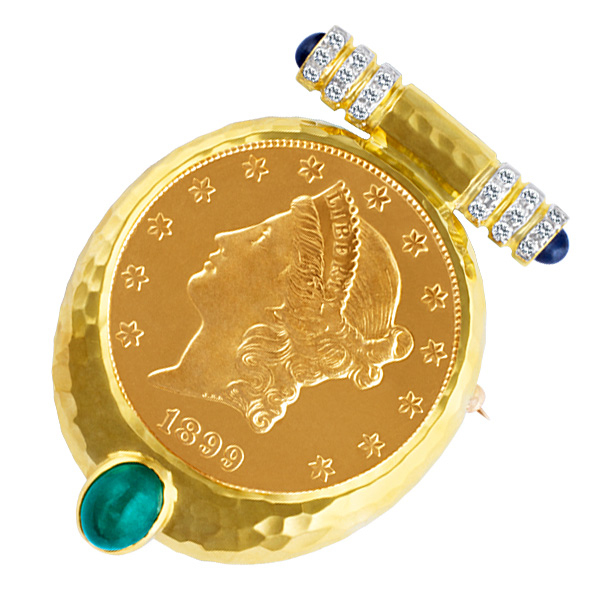 $20 US gold coin pendant/brooch in 18k with diamonds, emeralds, and onyx.