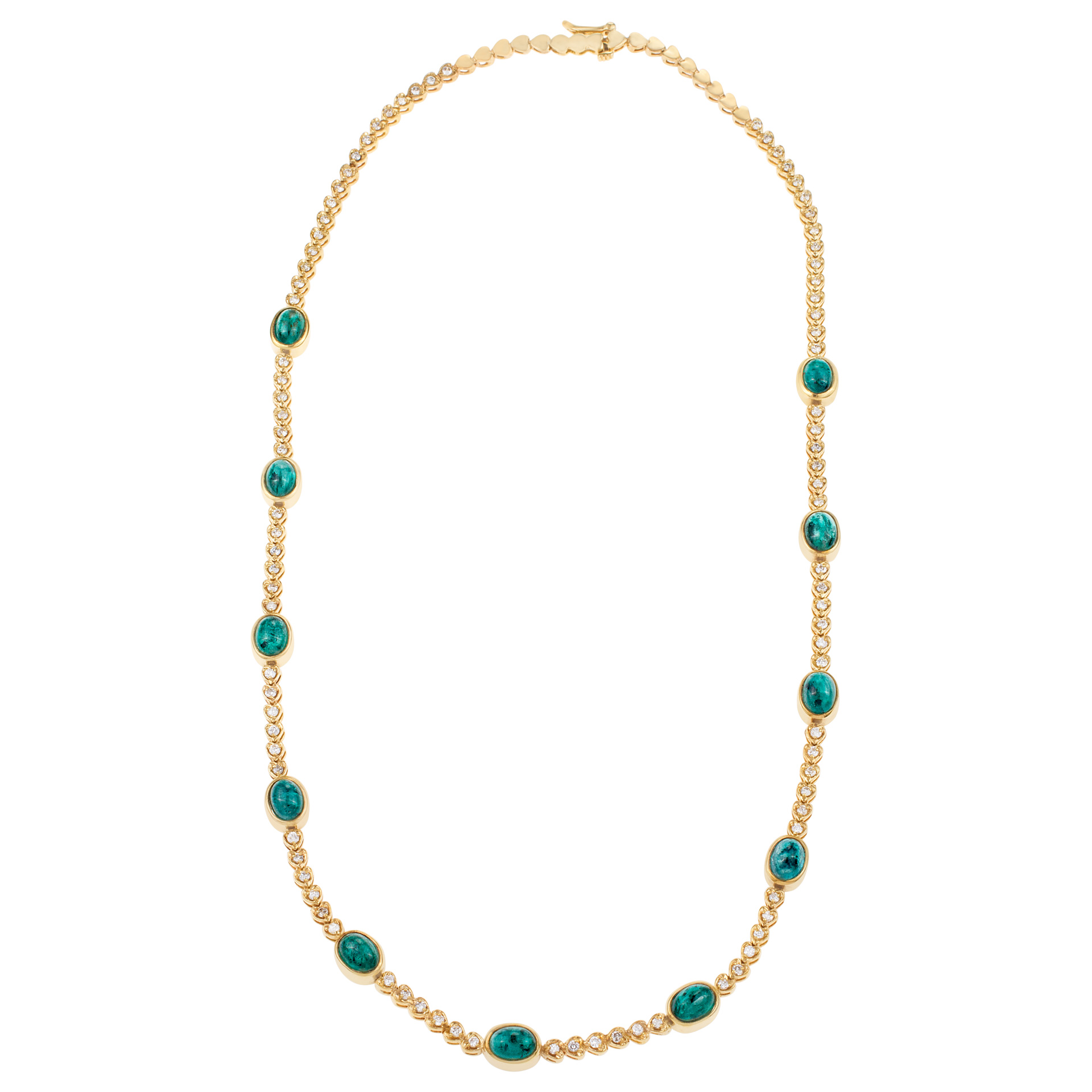 Cabachon emerald & diamond heart link necklace in 14k