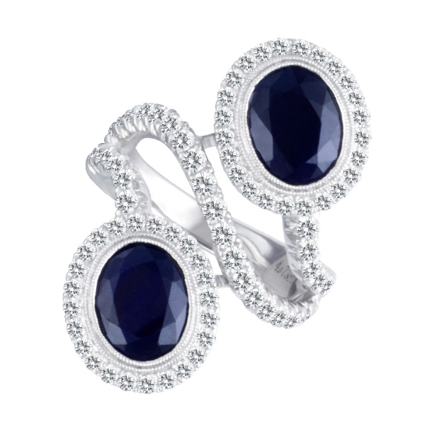 Stylish ring in 18k  white gold, diamond and sapphires ring
