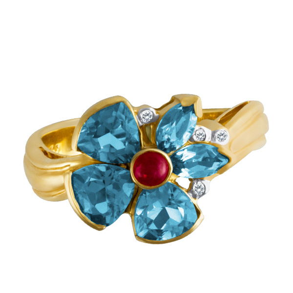 Clover leaf ring with blue topaz, ruby and diamonds