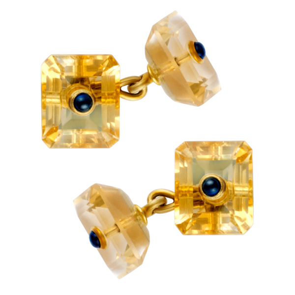 Pair of gem set cufflinks by Prince Dimitri in 18k with citrine and cabochon sapphire centers