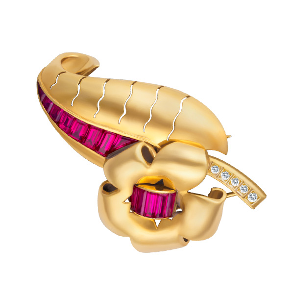 Beautiful pin with diamonds and rubbies in 18k