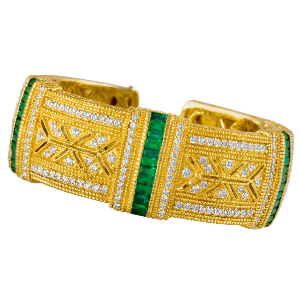 Bangle 18k Judith Ripka 3.33 Cts Of Diamond 3.60 Cts In Emeralds