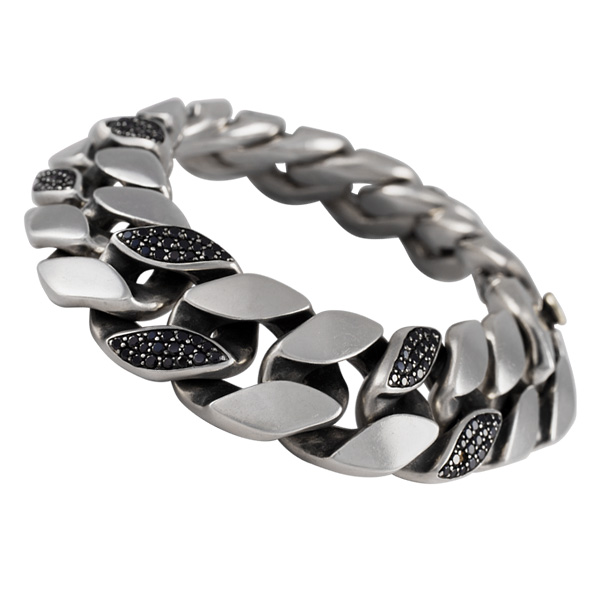 David Yurman sterling silver cuban link bracelet w/ 5 blk pave diamond sections