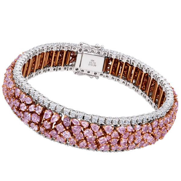 Pink and white diamond cluster braclet in 18k white gold
