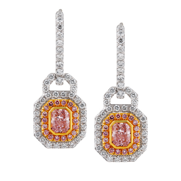 Double halo diamond earrings in platinum and 18k rose gold