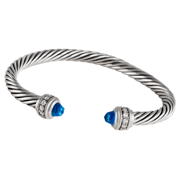 David Yurman sterling silver cable bracelet with blue topaz and diamonds