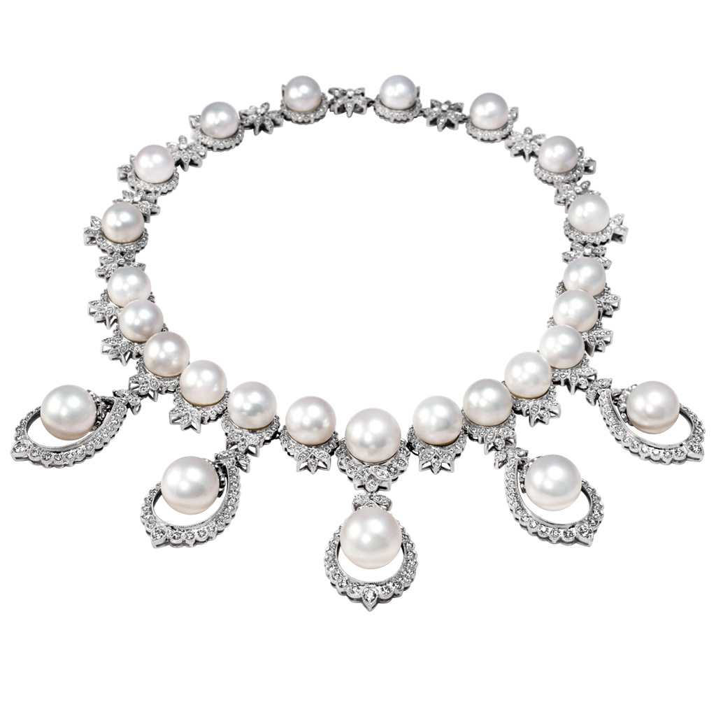 Luscious and Lovely South Sea Pearl and Diamond Necklace in 18k white gold with over 20cts in dias