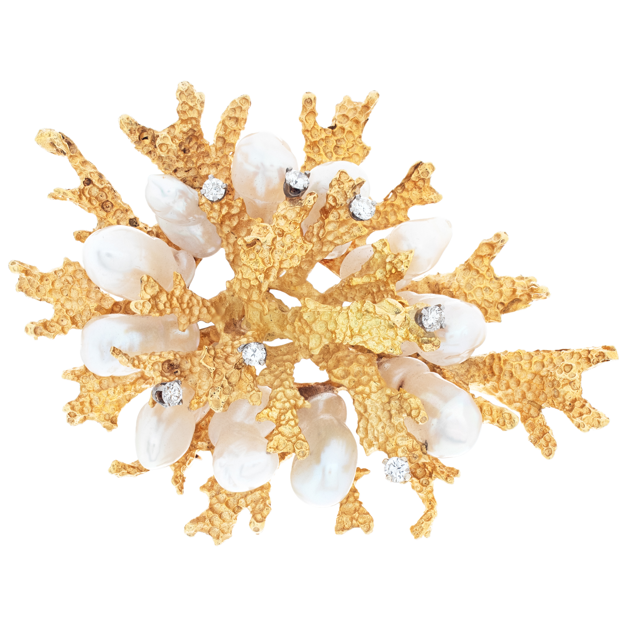 Coral motif diamond and pearl brooch in 18k yellow gold. 1.00 carat in diamonds.