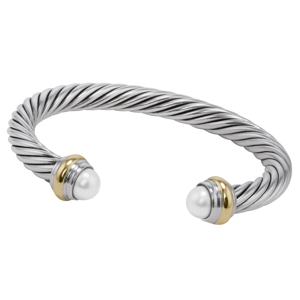 David Yurman Classic bangle in 14k & sterling with pearl end caps