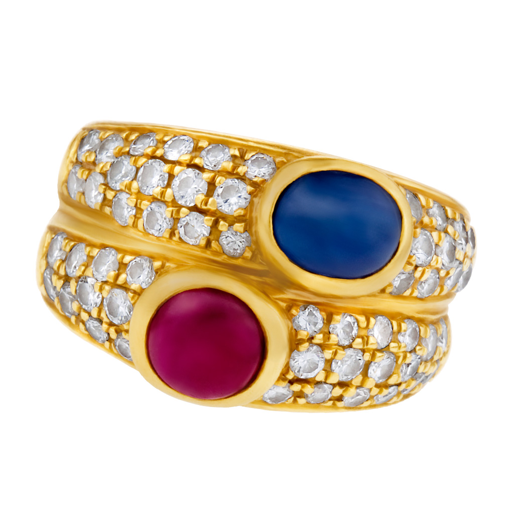 Cabachon ruby and sapphire ring with pave diamonds in 18k yellow gold. Size 5