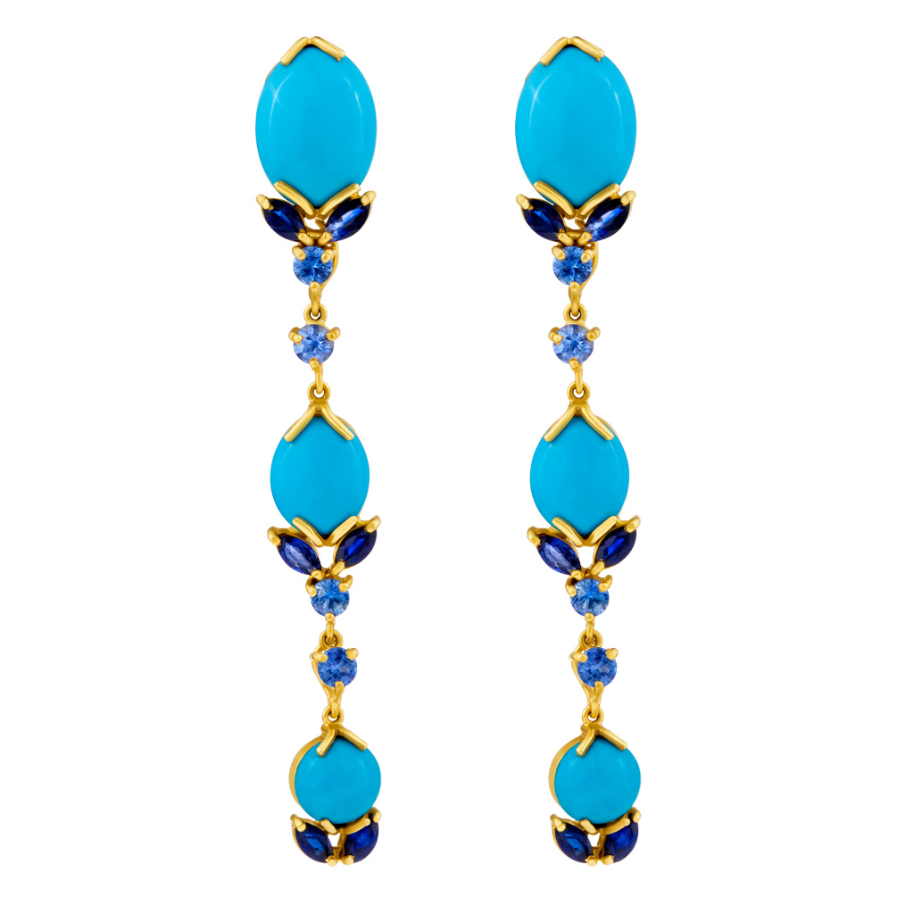 Sazingg dangling and colorful earrings in 18k with turquoise 2-tone sapphire accents