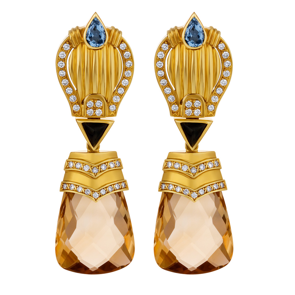 Topaz, onyx and diamond earrings in 18k