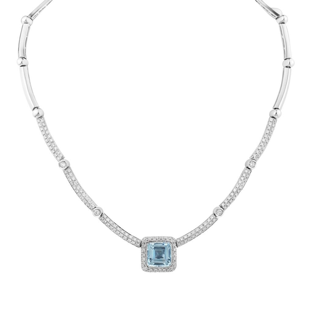 Diamond and blue topaz necklace in 18k white gold