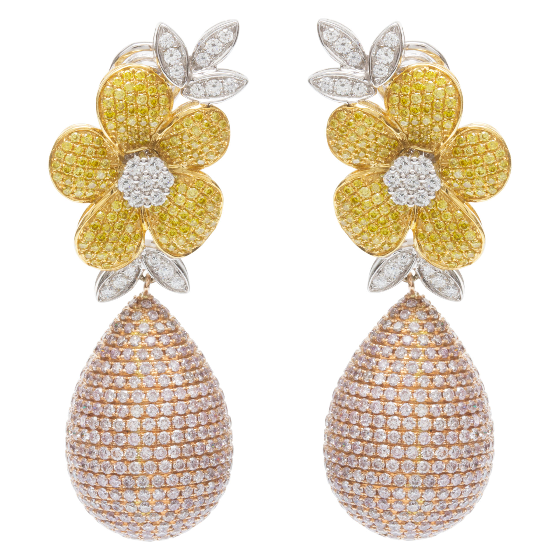 Glamorous flower diamond earrings with approx. 13. 50 carats white, natural pink & brown/yellow diamonds set in 18K tri-color gold.