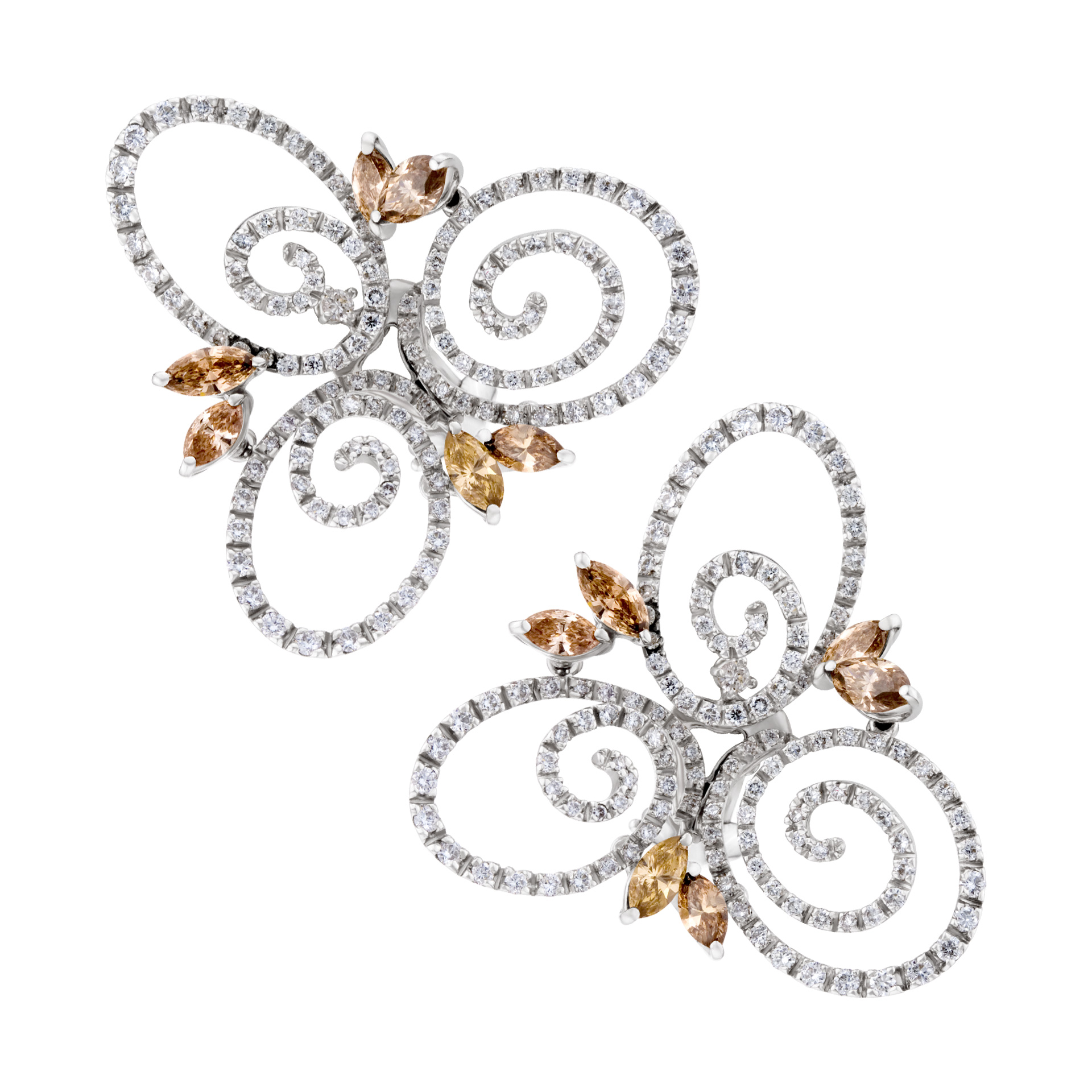 Stefan Hafner swirl earrings in 18k white gold. 4.03 cts in diamonds