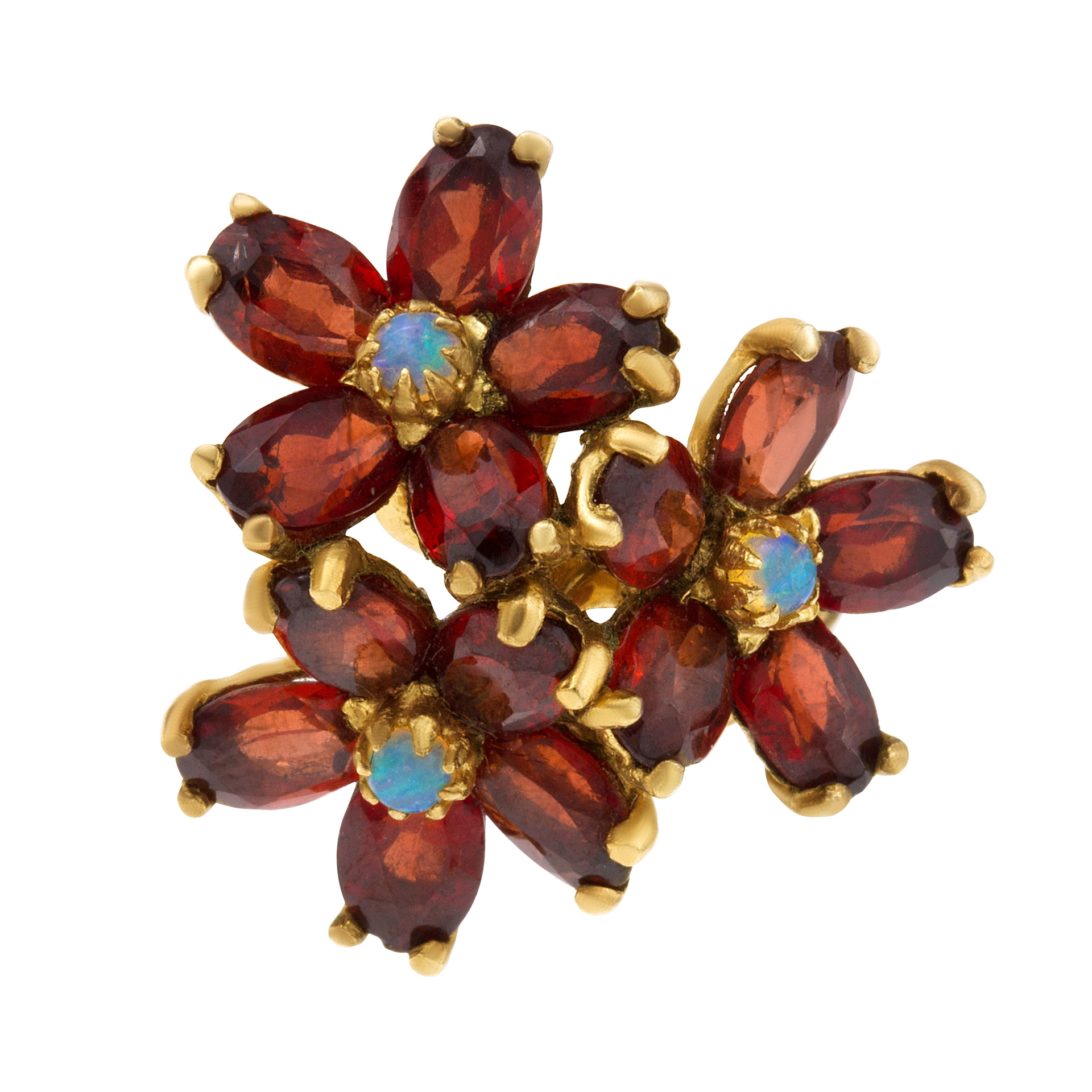 Flowers in red garnet and opal 14k ring