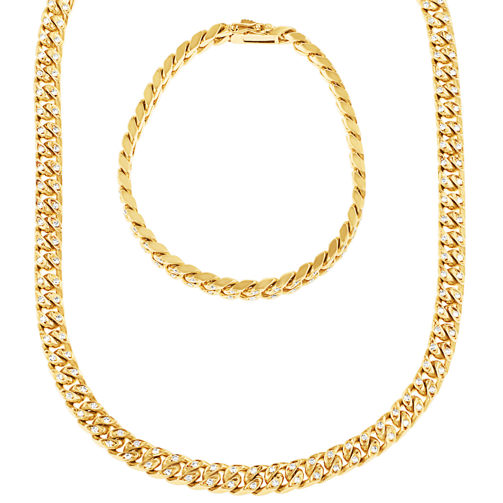 Cuban link bracelet and necklace set in 18k with diamonds in each link