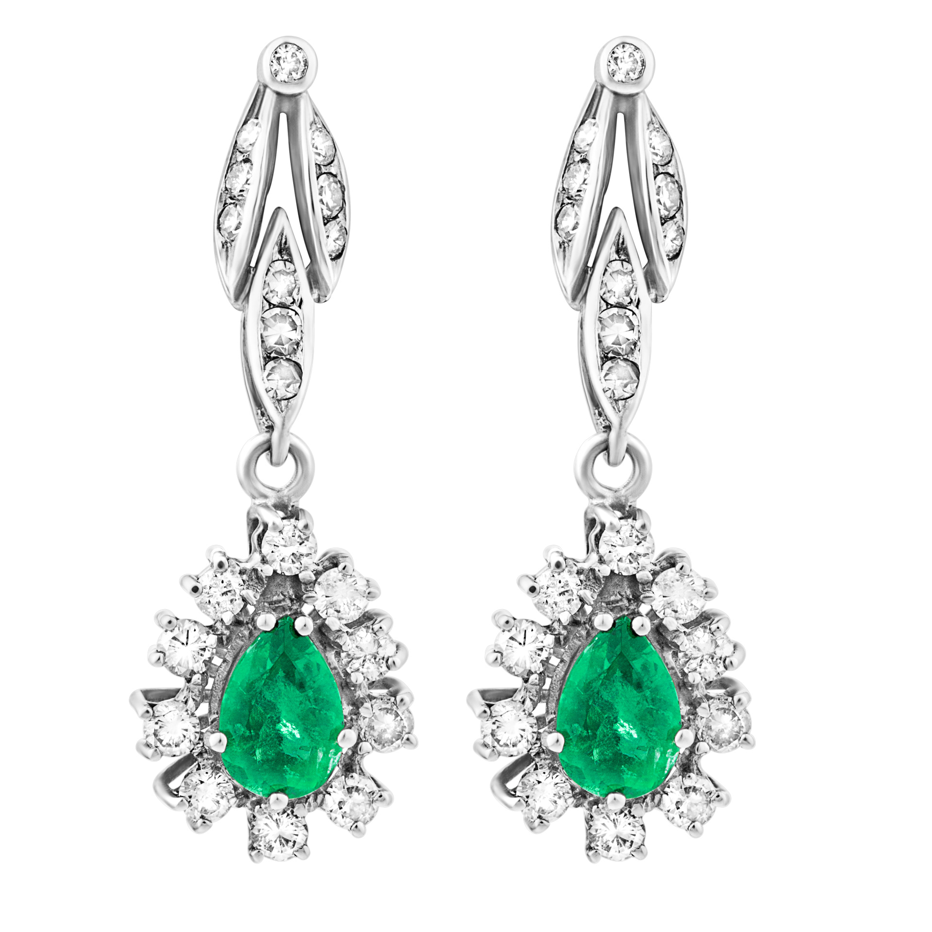 18k white gold dangling tear drop emerald earrings ctw appr. 2 carats with app. 1 carat in diamonds