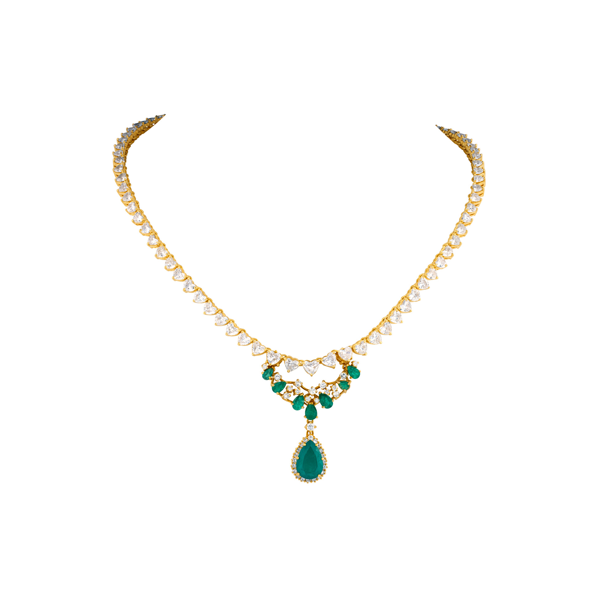 Heart shaped diamond necklace in 18k yellow gold w/ removable emerald pendant drop