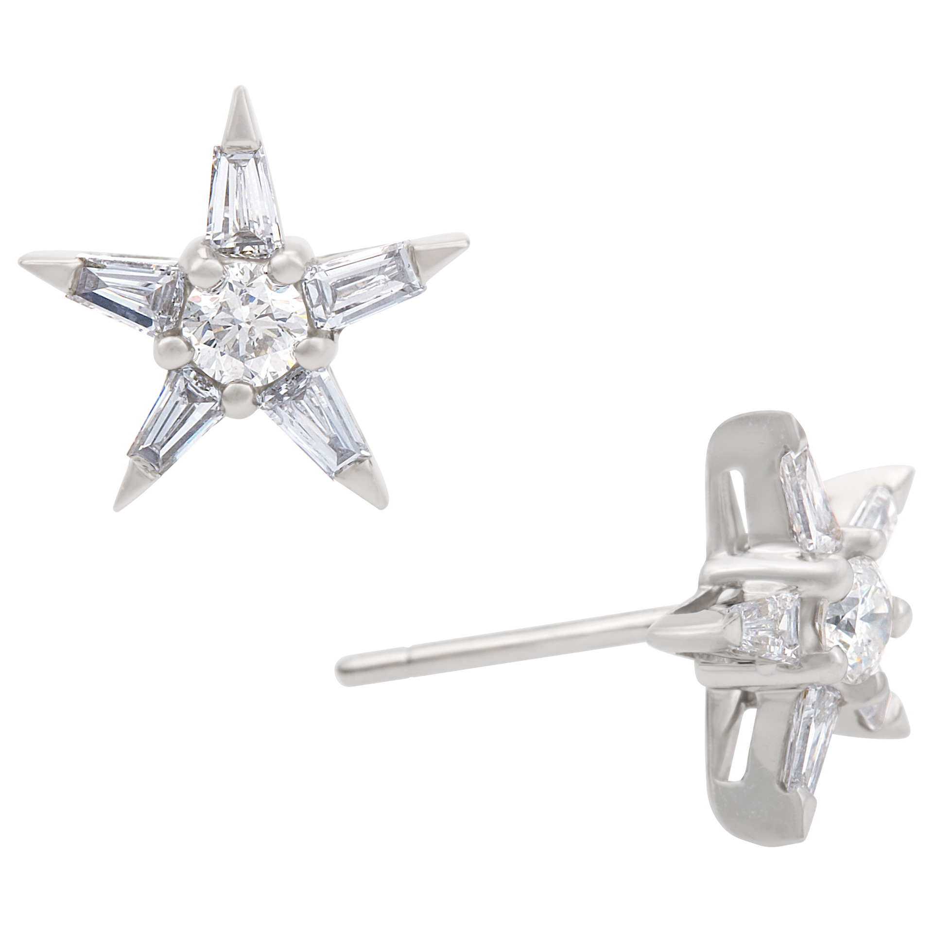 Diamond sweet earrings with bagguettes and round studs in 18k white gold app.0.75 cts