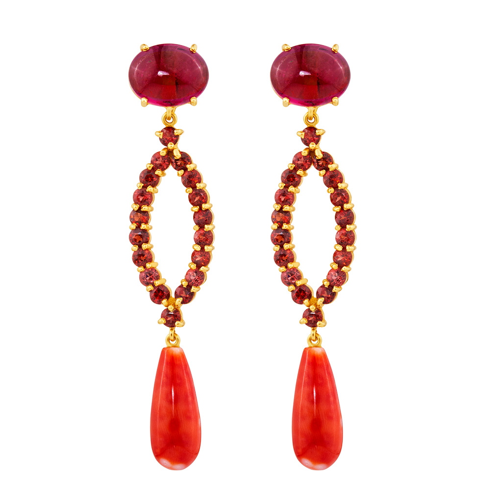Dangling earrings in 18k with cabachon rhodolite and garnets with coral