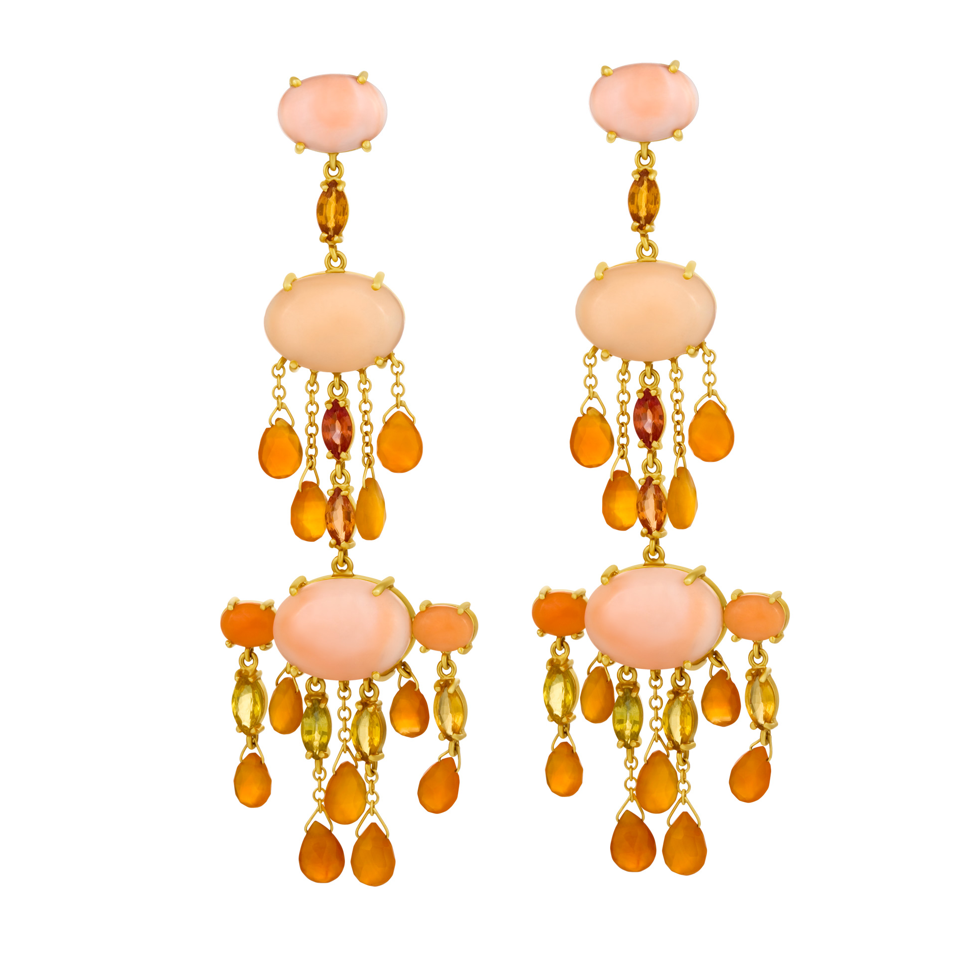 Coral dangle 18k earrings with cornelians and yellow citrins
