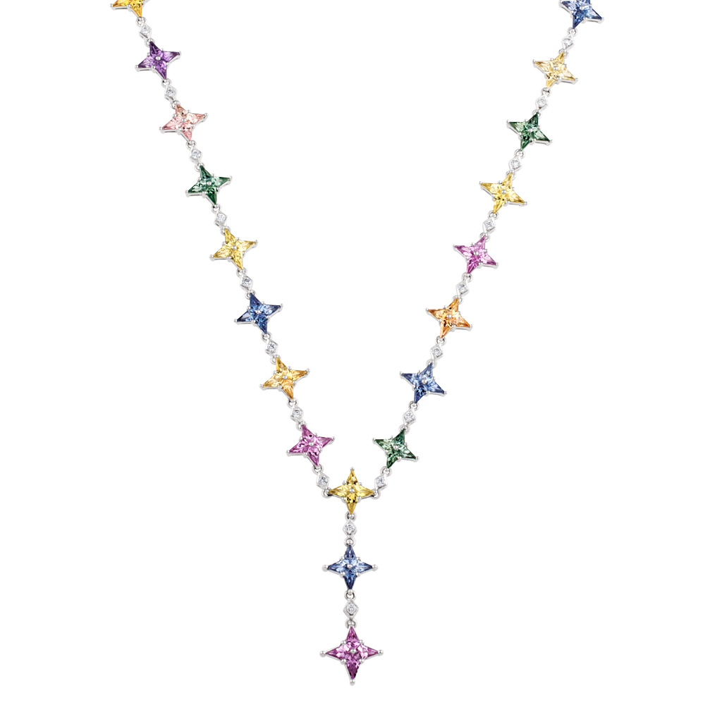 Multi-colored sapphire star necklace in 18k white gold
