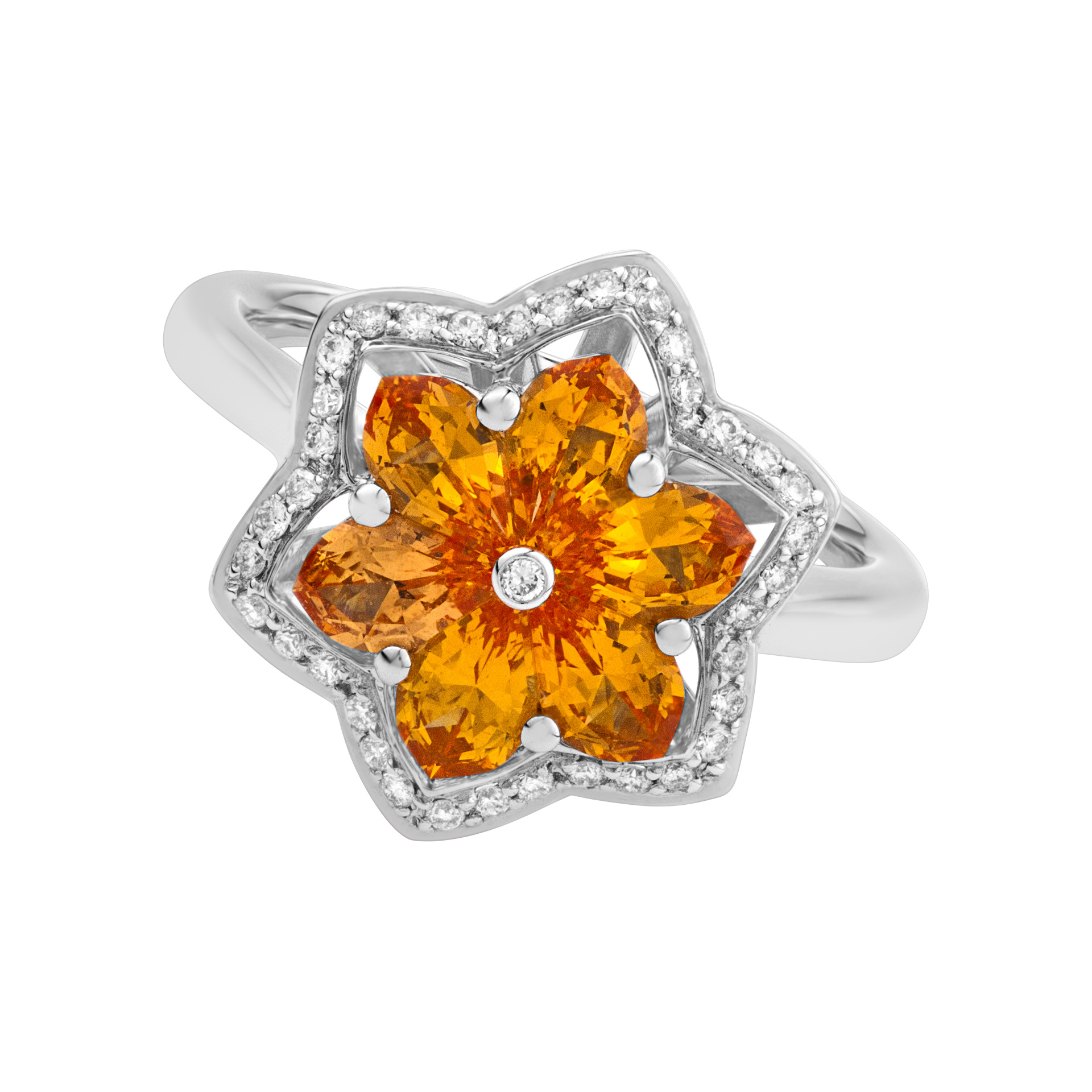 Orange sapphire & diamond flower ring in 18k white gold
