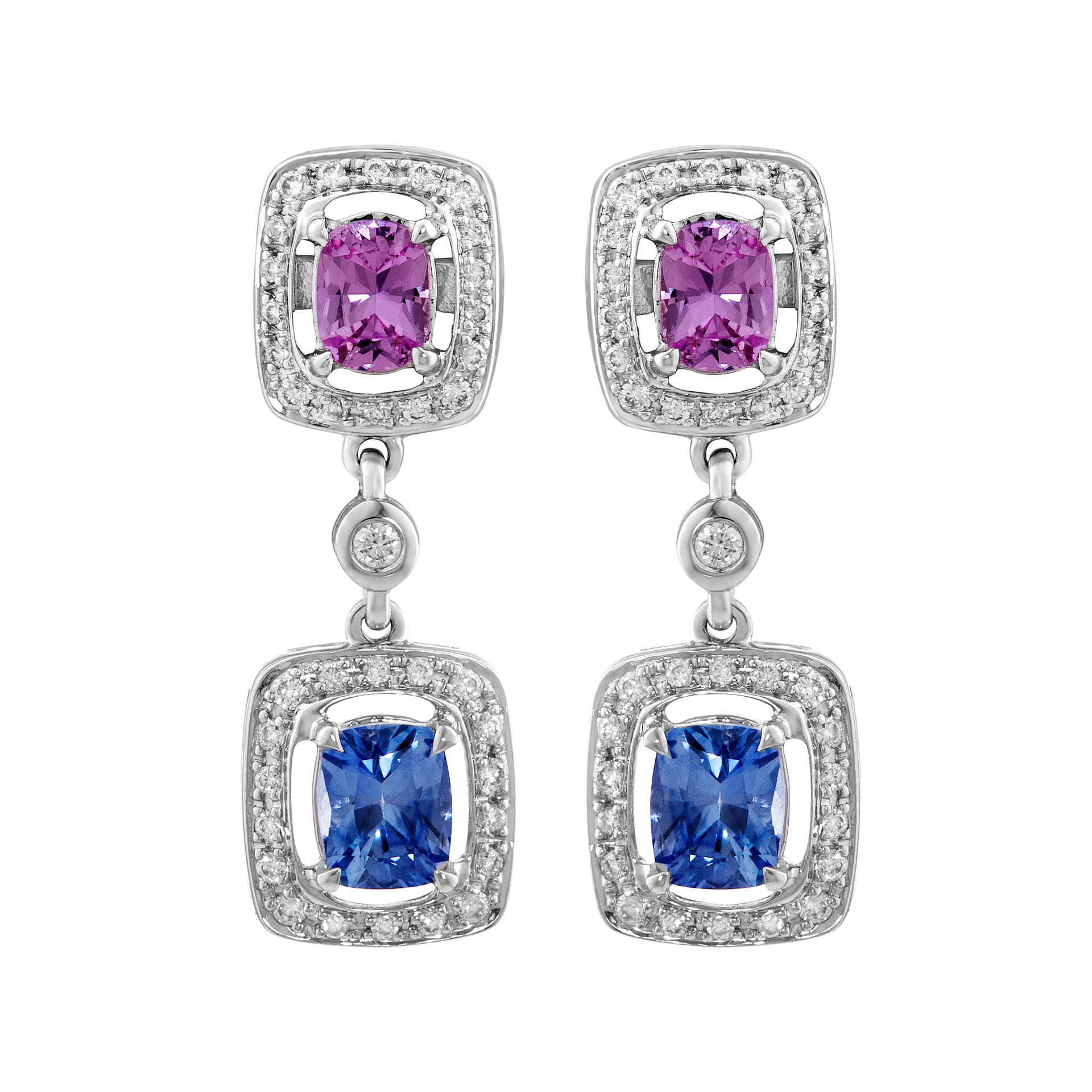 Halo set pink & blue sapphire drop earrings