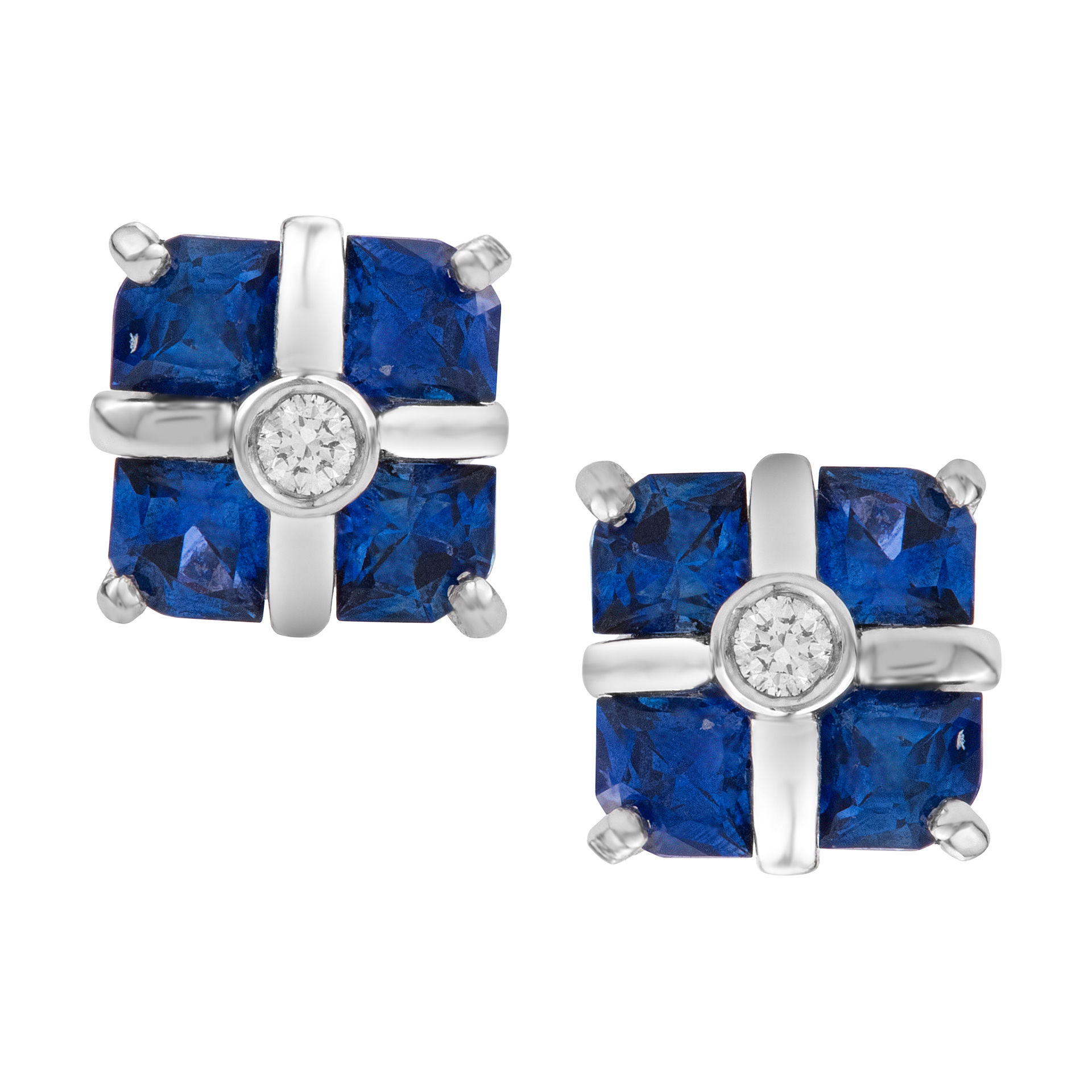 Blue sapphire & diamond stud earrings in 14k white gold