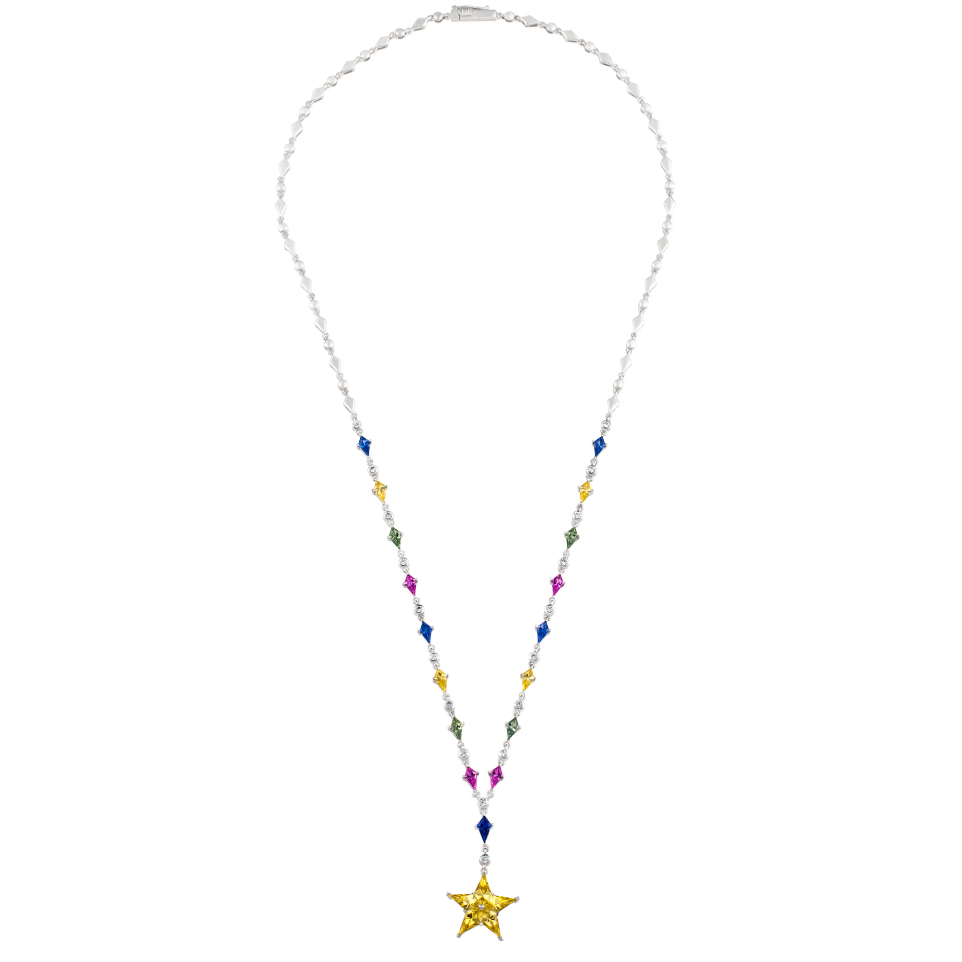 Multi colored sapphire necklace set in 18k white gold with single yellow sapphire star pendant,