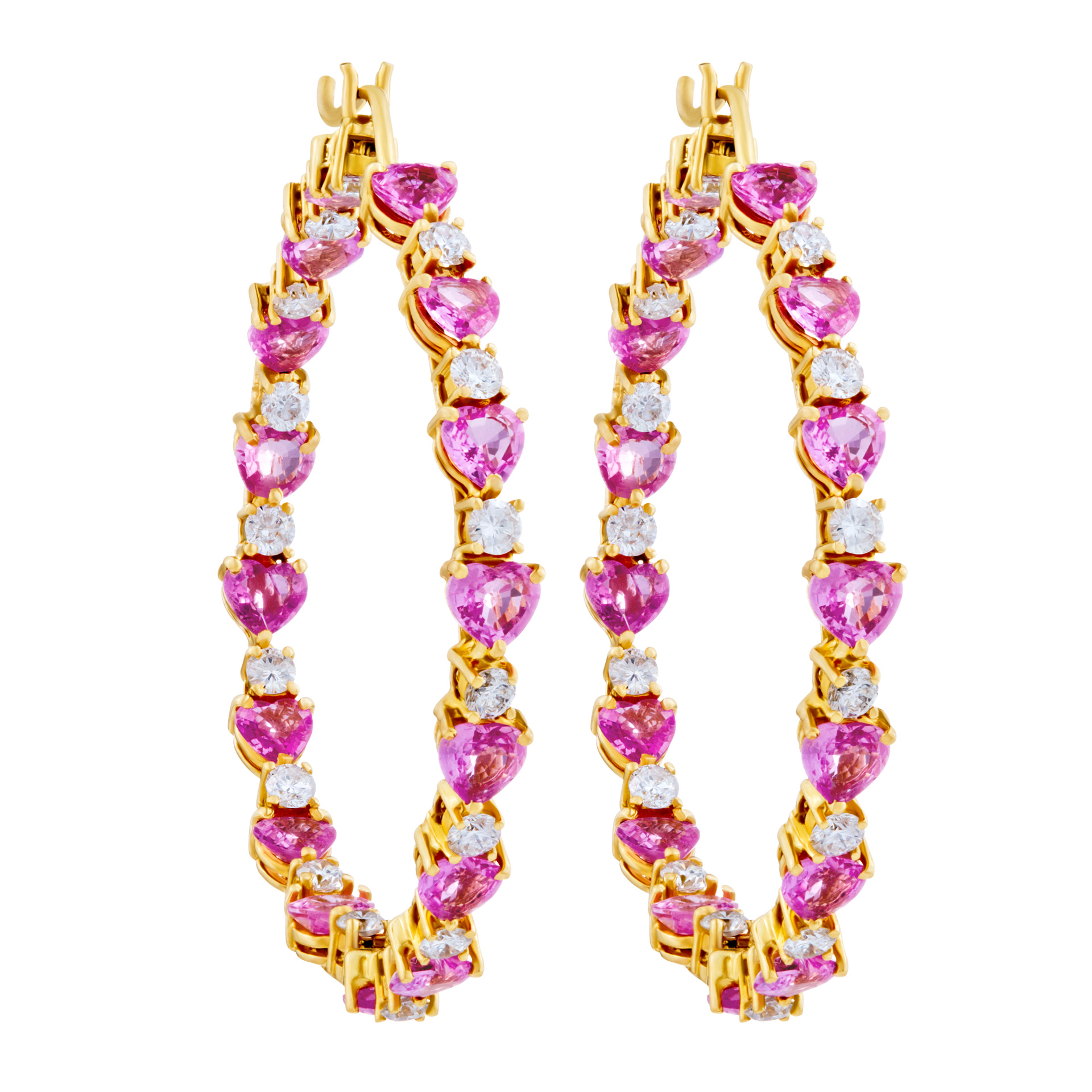 Pink sapphires and diamond  hoop earrings set in 18k yellow gold