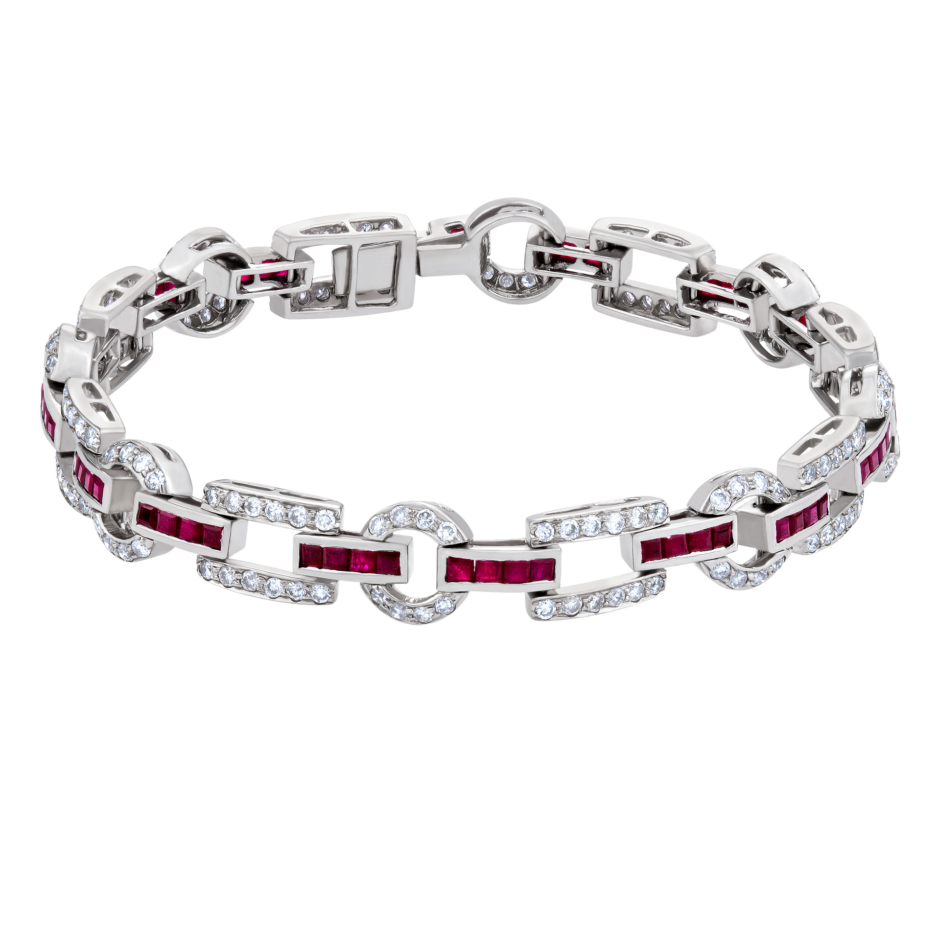 Ruby and diamond link bracelet set in 18k white gold