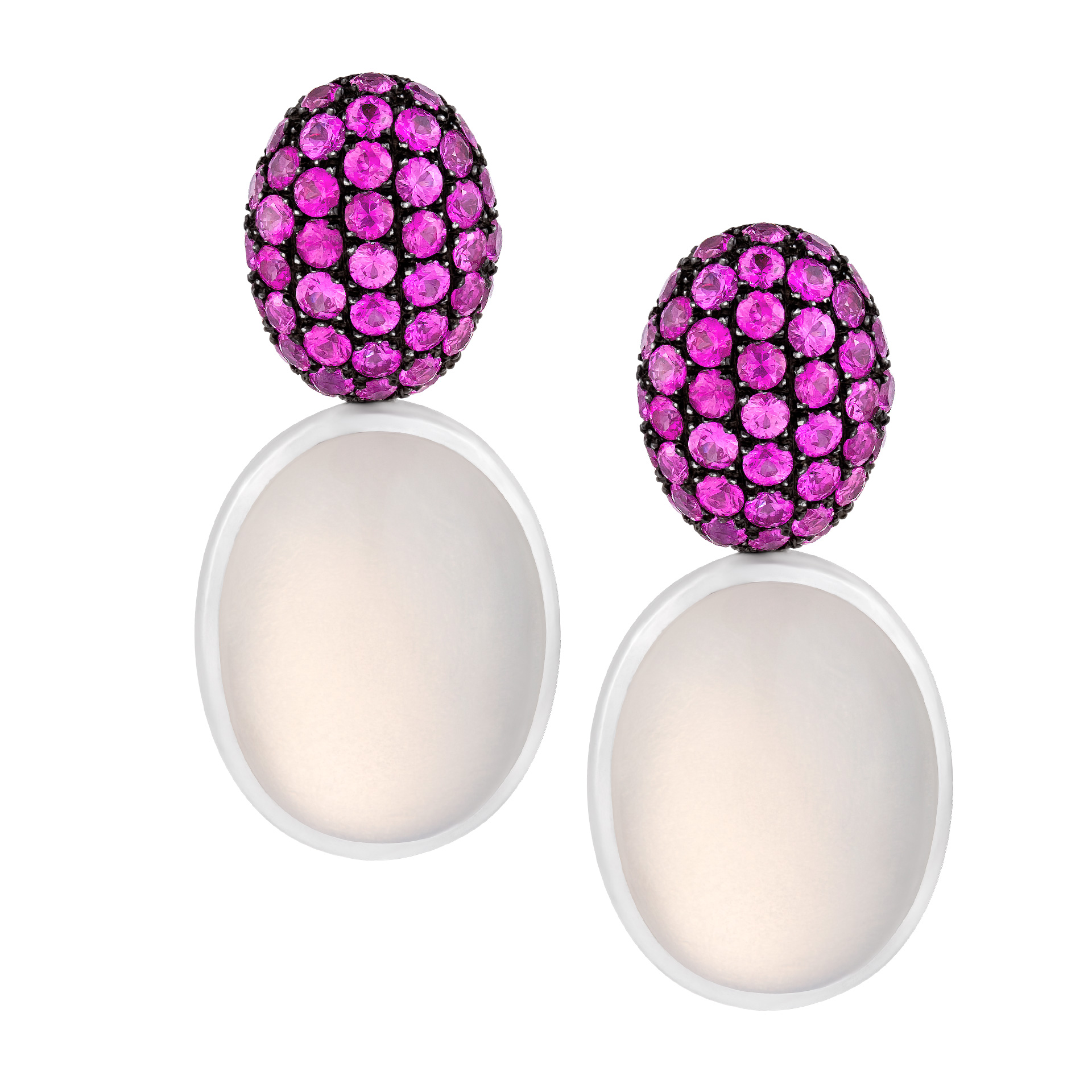 Pink sapphire and moonstone earrings set in 18k white gold with PVD