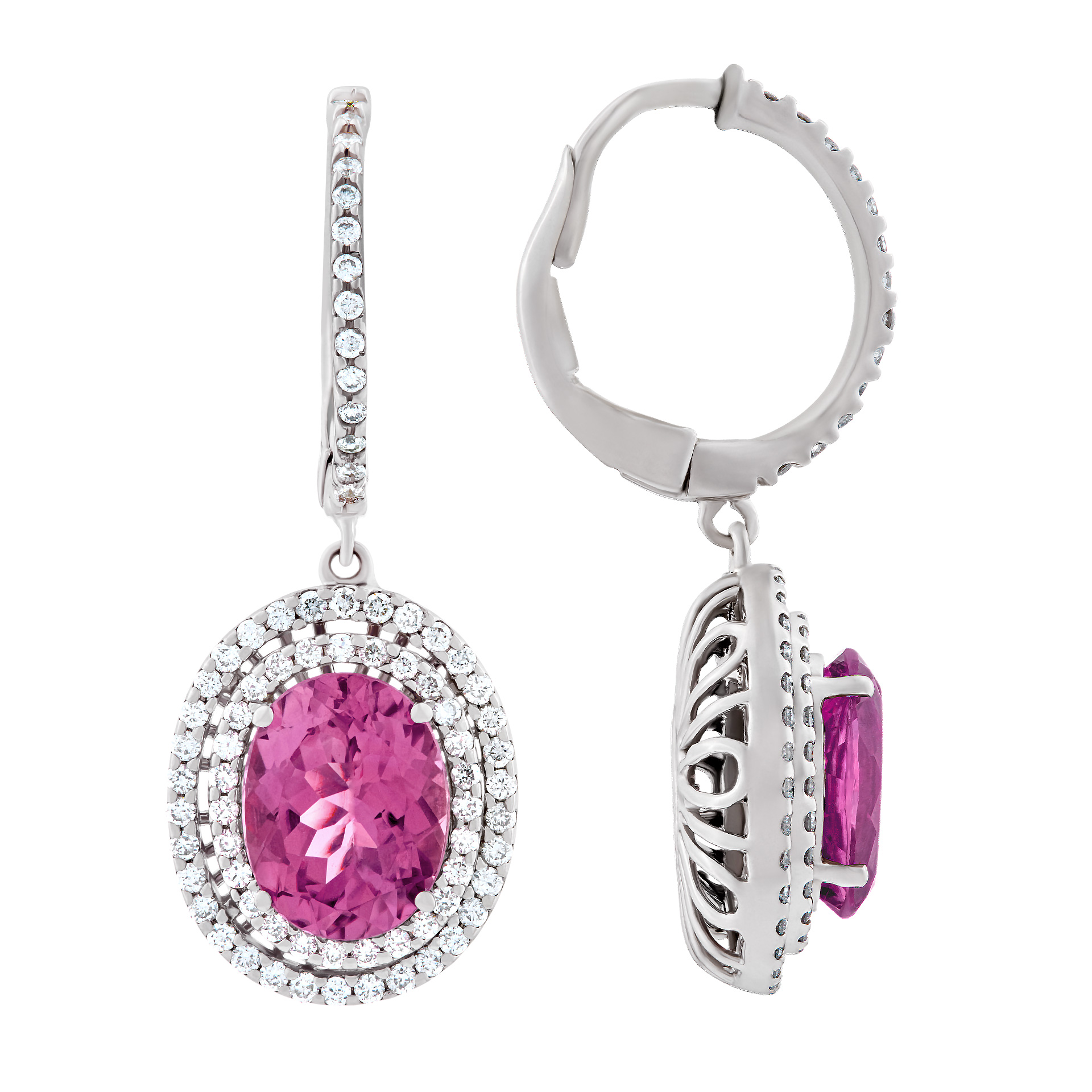Pink tourmaline and diamond earrings set in 18k white gold. 0.74cts in diamonds