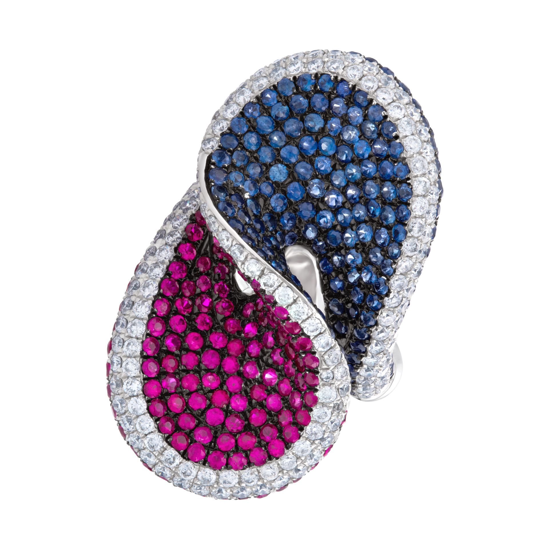 Beautiful twisted diamond, sapphire and ruby ring set in 18k white gold. Size 7