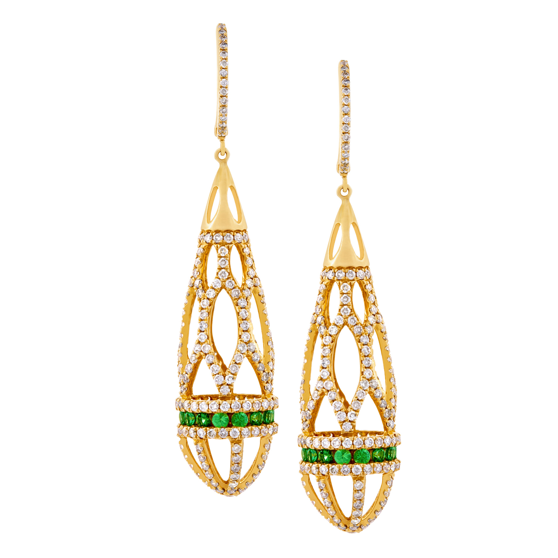 ladies open web dangling diamond and tsavorite earrings set in 18 k gold